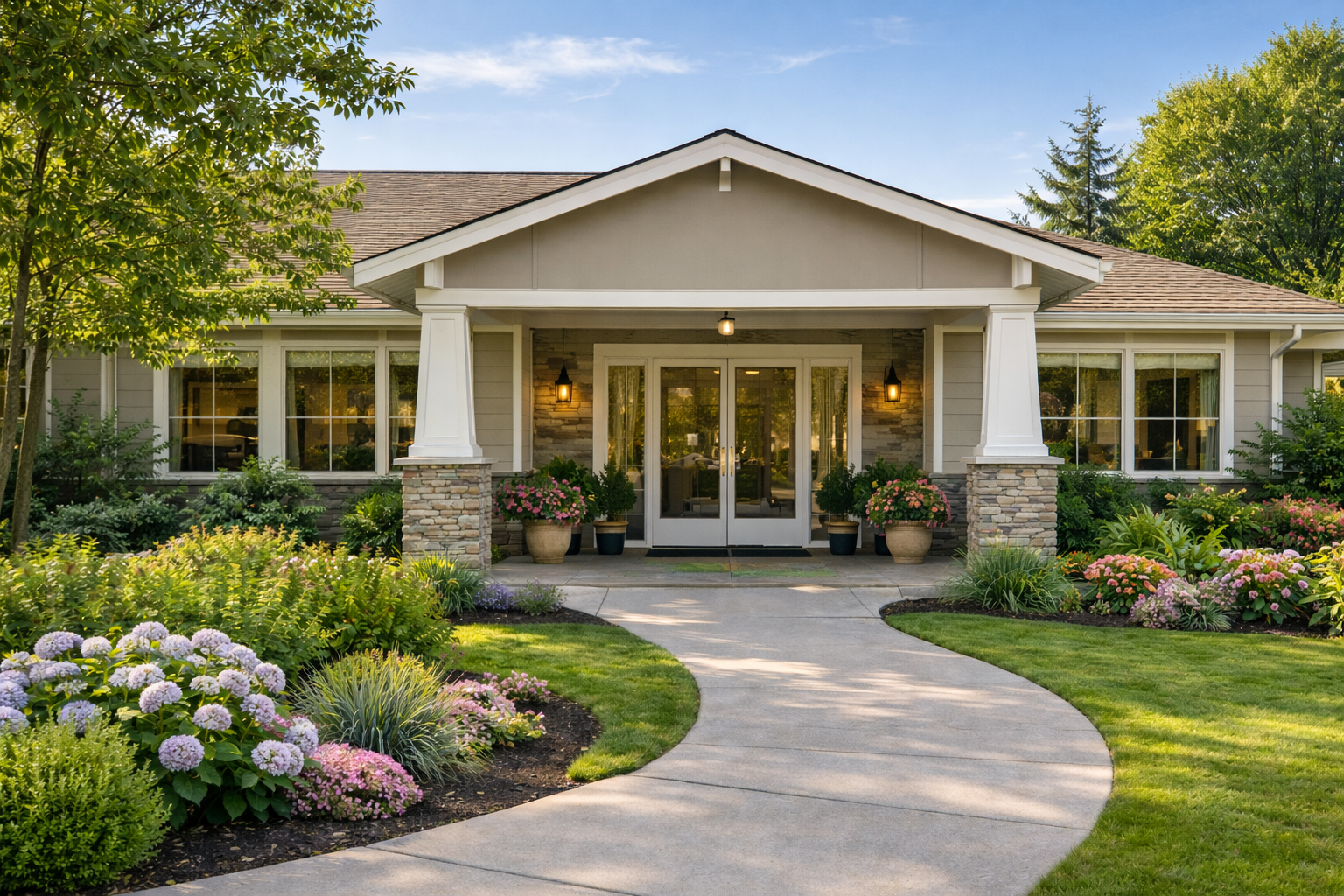 Façade accueillante d'une résidence de soins